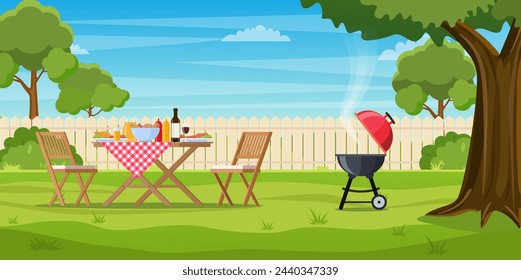 bbq party in the backyard with fence, trees, bushes. picnic with barbecue on summer lawn in park or garden food on table, chairs. vector illustration in flat design