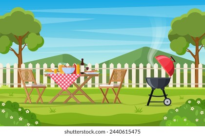 fiesta de barbacoa en el patio trasero con valla, árboles, arbustos. picnic con barbacoa en el césped de verano en el parque o comida de jardín en la mesa, sillas. ilustración vectorial en diseño plano