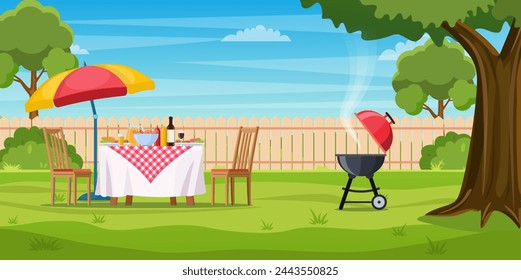 fiesta de barbacoa en el patio trasero con valla, árboles, arbustos. picnic con barbacoa en el césped de verano en el parque o comida de jardín en la mesa, sillas y sombrilla. ilustración vectorial en diseño plano