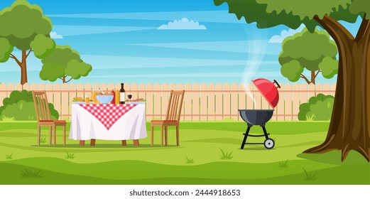 Grillparty im Hinterhof mit Zaun, Bäumen, Büschen. Picknick mit Grill auf Sommerrasen im Park oder Gartenessen auf Tisch, Stühlen. Vektorillustration in flachem Design