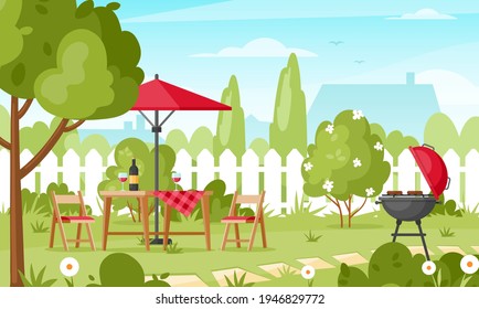 BBQ Party In Backyard. Vector Illustration Of Picnic Outdoors With Barbecue Grill, Food, Wine, Table, Chairs And Umbrella. Garden With Fence, Bushes, Tree And Trail. Family Summer Barbecue. Patio Area