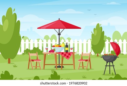 BBQ Party In Backyard. Vector Illustration Of Picnic Outdoors With Barbecue Grill, Food, Wine, Table, Chairs And Umbrella. Garden With Fence, Bushes, Tree And Trail. Family Summer Barbecue. Patio Area