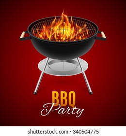 BBQ Party Banner Grill With Fire Isolated On Red