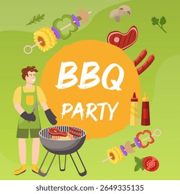BBQ party banner, man grilling sausages and meat. Skewers, sauces, and vegetables. For summer cookout, food festival promotions.