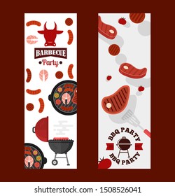 BBQ party banners, vector illustration. Grilled meat restaurant, beef steak and sausages. Cookout barbeque event announcement, invitation card design. Barbecue roasted red meat, outdoor picnic