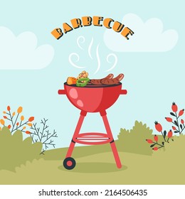 BBQ Party. Barbecue Background With Brazier, Grill, Steaks, Meat Food, Grilled Vegetables At Home. Vector Cartoon Illustration For Banner, Holiday Card, Summer Picnic, Flyer, Advertisement, Poster 