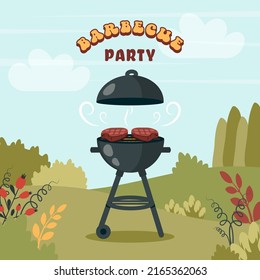 BBQ Party. Barbecue Background With Brazier, Grill, Steaks, Meat Food, Grilled Vegetables At Home. Vector Cartoon Illustration For Banner, Holiday Card, Summer Picnic, Flyer, Advertisement, Poster 