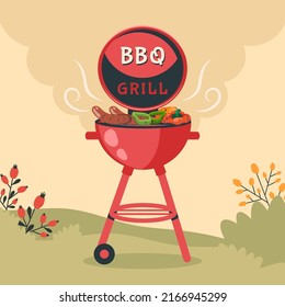 BBQ Party. Barbecue Background With Brazier, Grill, Steaks, Meat Food, Grilled Vegetables At Home. Vector Cartoon Illustration For Banner, Holiday Card, Summer Picnic, Flyer, Advertisement, Poster 