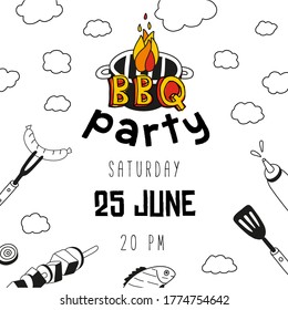 BBQ party. With barbecue and clouds. Square format poster or banner.