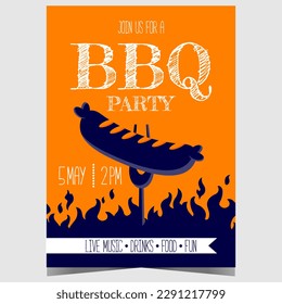 BBQ party or barbecue event invitation poster with a sausage on a fork over the flame of a grill. Vector illustration for outdoor picnic and meat cooking with family and friends during the weekend.