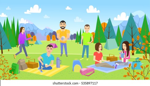 Bbq party. Barbecue grill. Picnicking happy lifestyle park together. Outdoor dinner party in front of landscape with green trees and blue sky