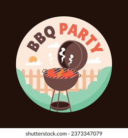 BBQ party. Barbecue party. barbecue label or Sticker. BBQ time. Vector illustration. BBQ background. Label, Sticker, Card, Invitation. National Barbecue Day. May 16. event. grill party.