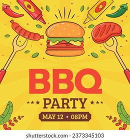 BBQ party. Barbecue party. barbecue poster or banner. BBQ time. Vector illustration. BBQ background. Poster, Banner, Card, Flyer, Invitation, Cover.. National Barbecue Day. May 16. event. grill party.