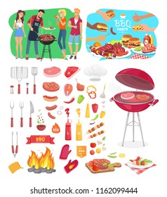 BBQ party barbeque posters and isolated icons vector set. People cooking outdoor on grill grid. Meat beef pork and salmon flatware and served dishes