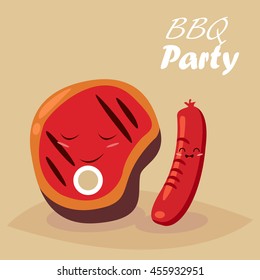 BBQ party. Beef steak and barbecue tools. Vector cartoon. Funny cartoon characters.