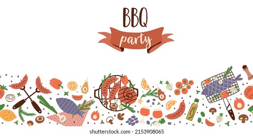 BBQ party border. BBQ party food. Long seamless banner with barbecue grill, roasted sausages, tomatoes, vegetables, grilled fish on white background. Cartoon summer picnic vector illustration