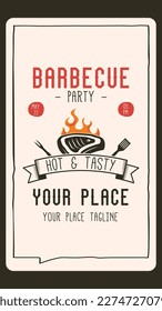 BBQ party card template with steak. BBQ grill card for social media marketing, stories. Barbecue post design. Stock vector poster