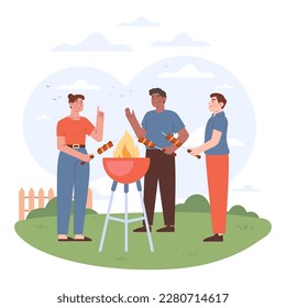 Fiesta de barbacoa. Personajes asando carne y verduras en el exterior. El ocio de verano con los amigos. Picnic en el patio trasero un fin de semana. Ilustración vectorial plana