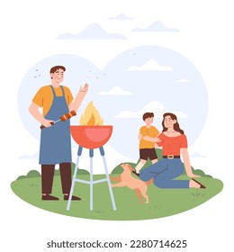 Fiesta de barbacoa. Personajes asando carne y verduras en el exterior. El ocio de verano con la familia. Picnic en el patio trasero un fin de semana. Ilustración vectorial plana