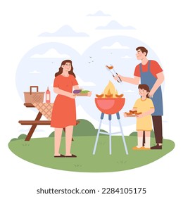 BBQ party. Characters grilling meat and vegetables outside. Summer leisure with family. Backyard picnic on a weekend. Flat vector illustration