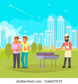 BBQ party in city park. Men friends eating grilled sausages, drinking beer. Vector flat style design illustration.