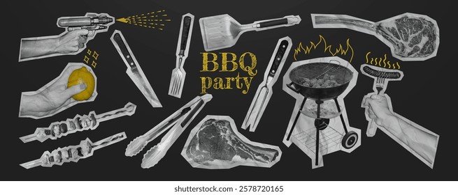 BBQ Party Collage Elements with Old Newspaper Cutout Style suitable for Social Media Post, Invitations, Posters and Sticker