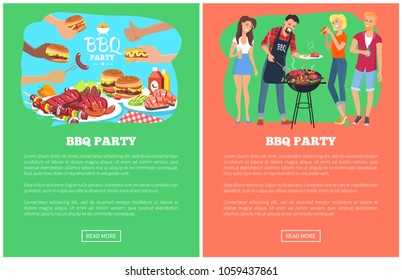 BBQ party collection of web pages with text sample and headlines, people and bbq party, plates full of food and sauces isolated on vector illustration