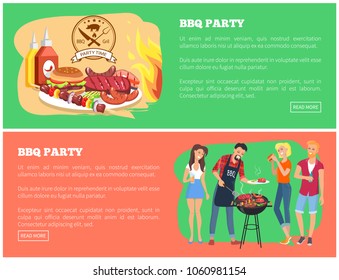BBQ party collection of web pages with text sample and buttons, brochette and sausages, steak and vegetables, food variety bbq vector illustration