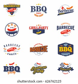 BBQ Party colored Badges set. Invitation templates for summertime party in retro vintage style with barbecue design elements grill, hot dog, steak, flame and more. Isolated. Vector.