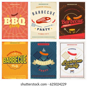 BBQ Party colored Posters set. Invitation templates for summertime party in retro vintage style with barbecue design elements grill, hot dog, steak, flame and more. Isolated. Vector.