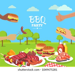 BBQ party colorful poster with cute summer park, vector illustration, human`s hands holding tasty BBQ sausage, burgers and hot-dogs, meat food set