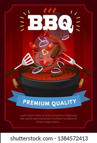 BBQ party design template with barbecue equipment, grilled sausages, steaks and vegetables. Colorful bbq design template. Vector illustration