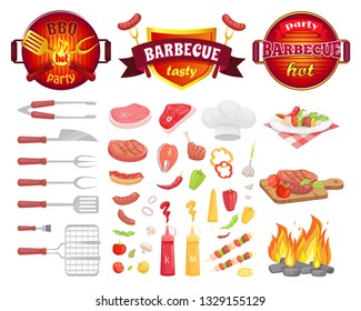 BBQ party dishware and fresh vegetables isolated icons vector. Frying pan with flame utensils, flatware with meat. Beef and pork, salmon and hot dog