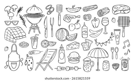 Bbq party doodle. Barbeque elements, meat steak, grill, plaid, burger, garden chair. Outdoor park picnic elements, isolated food and drinks, neoteric vector set