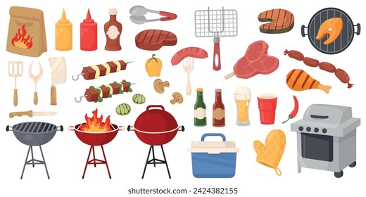 BBQ party elements. Grilled meat and ingredients. Barbecue picnic. Cooking on open fire. Chili sauce and ketchup. Sausages and fish pieces roast. Vegetables and steaks