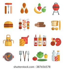 Bbq party flat icons set with frill meat picnic elements isolated vector illustration