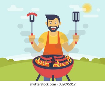 BBQ party. Flat illustration of smiling guy is cooking sausages barbecue outdoors. Funny hipster wearing beard is cooking bbq for his friends