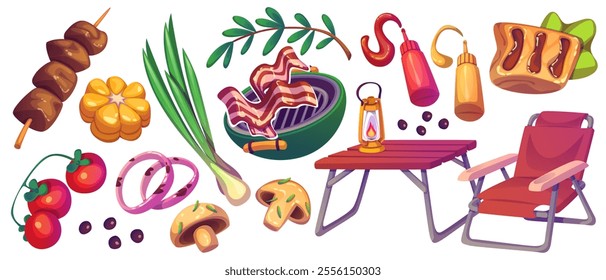 BBQ party food and equipment set isolated on white background. Vector cartoon illustration of garden grill and furniture for barbecue, roast bacon and meat on skewer, fresh vegetables, sauce bottles