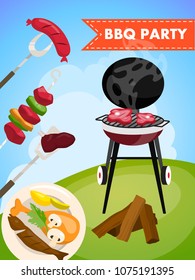 BBQ party food. Grill outdoors with meat and vegetables.