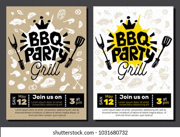 BBQ party Food poster. Barbecue template menu invitation flyer design elements, food, lemon, sausages, meat, fish, hamburger, sandwich, chicken, drinks, knife, fork, onion, wings, tomatoes, vegetables