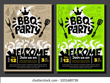BBQ party Food poster. Barbecue template menu invitation flyer design elements, food, lemon, sausages, meat, fish, hamburger, sandwich, chicken, drinks, knife, fork, onion, wings, tomatoes, vegetables