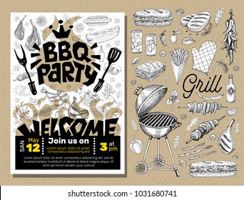 BBQ party Food poster. Barbecue template menu invitation flyer design elements, food, lemon, sausages, meat, fish, hamburger, sandwich, chicken, drinks, knife, fork, onion, wings, tomatoes, vegetables