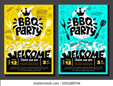 BBQ party Food poster. Barbecue template menu invitation flyer design elements, food, lemon, sausages, meat, fish, hamburger, sandwich, chicken, drinks, knife, fork, onion, wings, tomatoes, vegetables