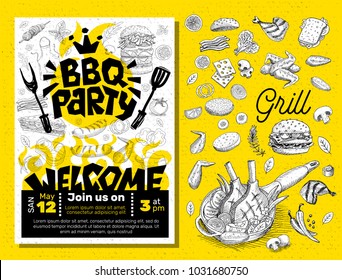 BBQ Party Food Poster. Barbecue Template Menu Invitation Flyer Design Elements, Food, Lemon, Sausages, Meat, Fish, Hamburger, Sandwich, Chicken, Drinks, Knife, Fork, Onion, Wings, Tomatoes, Vegetables