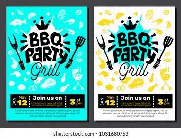 BBQ party Food poster. Barbecue template menu invitation flyer design elements, food, lemon, sausages, meat, fish, hamburger, sandwich, chicken, drinks, knife, fork, onion, wings, tomatoes, vegetables