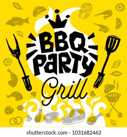 BBQ party Food poster. Barbecue template menu invitation flyer design elements, food, lemon, sausages, meat, fish, chicken, knife, shrimp, fork, onion, tomatoes, vegetables, fire. Hand drawn vector