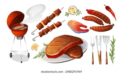 BBQ party food and tools set isolated on white background. Vector cartoon illustration of grilled meat on plate, fish steak, vegetables on skewer, chili and mushroom, mayo sauce, summer picnic cooking