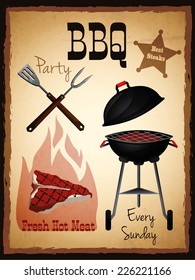 Bbq party fresh hot meat best steaks grill menu advertising poster vector illustration.