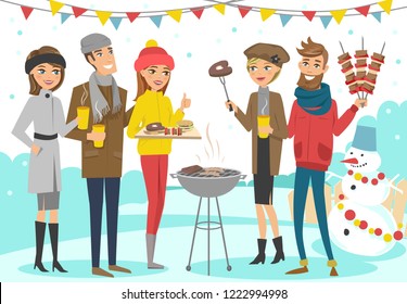 BBQ party with friends during winter holidays. Vector illustration. Characters are isolated.