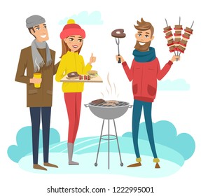 BBQ party with friends during winter holidays. Vector illustration. Characters are isolated.